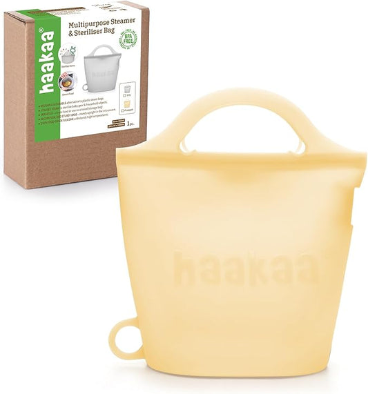 Haakaa Silicone Travel Microwave Steamer & Steriliser Bag, 30oz/900mlReusable Silicone Steaming Bags for Baby Small Items, Pacifiers, Teethers or Baby Cups, Great for Home and On-The-Go,Pineapple/1PC