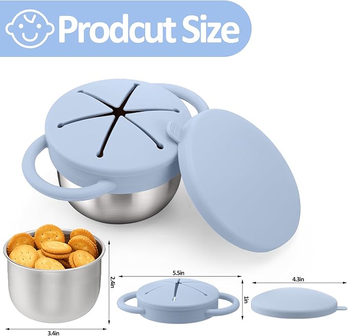 BUSOHA Stainless Steel Toddler Snack Cups - 9 OZ Spill-Proof Baby Snack Containers with Silicone Catcher and Lid Travel Snack Containers for Kids Food Grade Silicone Dishwasher Safe,Blue