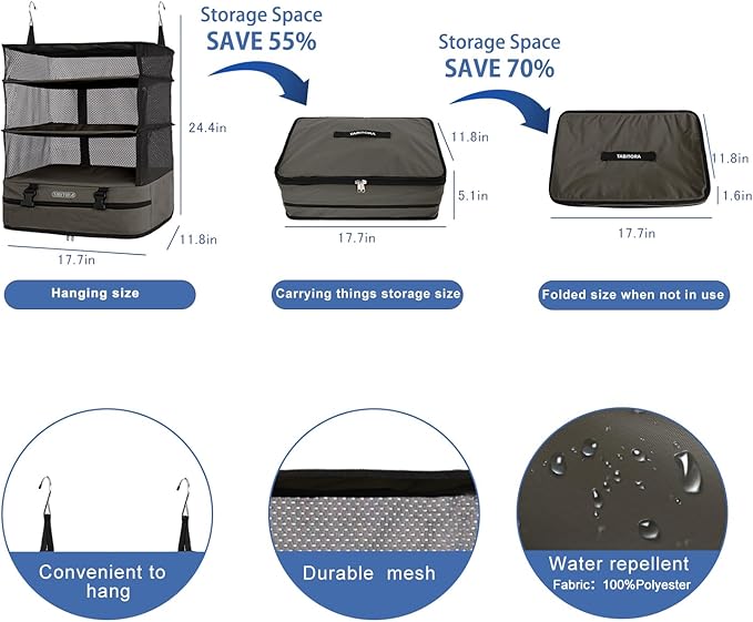 TABITORA Portable Hanging Travel Shelves Bag Packing Cube Organizer Suitcase Storage Large Capacity (Taupe XL)