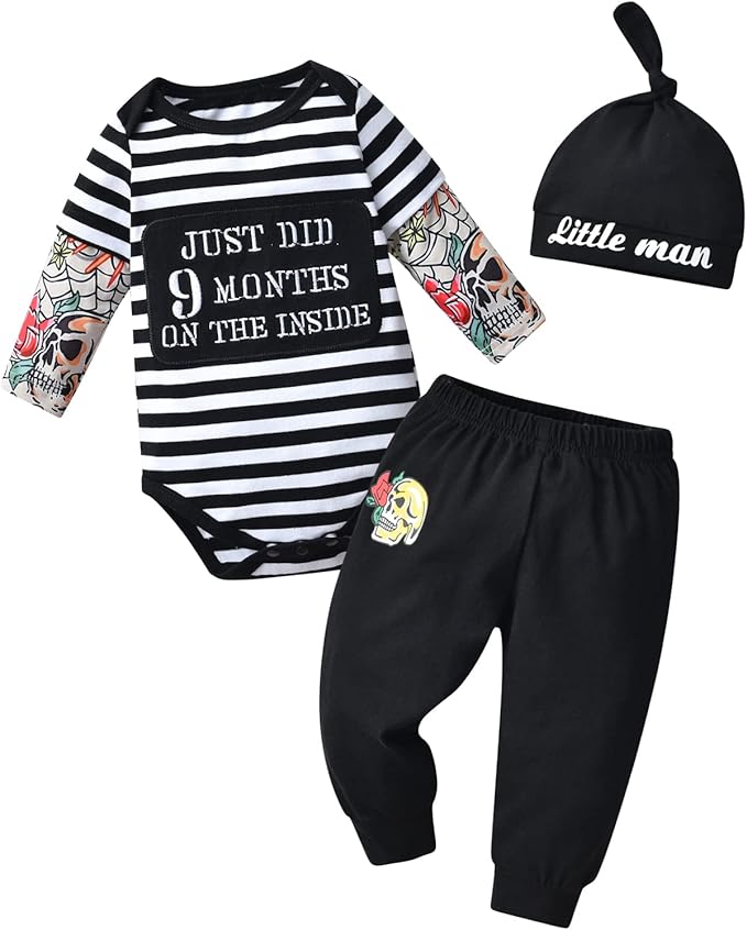 KuKitty Newborn Infant Baby Boy Clothes Long Sleeve Romper + Pants + Hat 3PCS Outfits Set