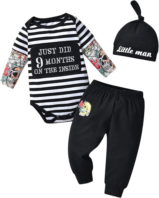 KuKitty Newborn Infant Baby Boy Clothes Long Sleeve Romper + Pants + Hat 3PCS Outfits Set