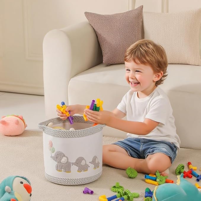 Baby Toy Basket Laundry Hamper Blanket Baskets Cute Elephant Nursery Storage Basket, Woven Cotton Rope Nursery Organization Bins For Girls Boys Kids Baby Shower Gifts Baskets