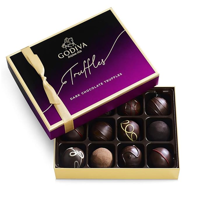 Godiva Chocolatier Assorted Dark Chocolate Truffle Gift Box for Birthday, Thank You, Anniversary, Congratulations Gift Basket Gourmet Candy with Creamy Ganache in Dark Chocolate, 12pc