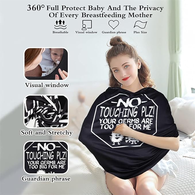 Metplus Car Seat Covers for Babies, Metplus Infant Carseat Canopy Nursing Breastfeeding Cover, Stretchy Carrier Cover for Stroller Shopping Cart, Newborn Boys Girls Shower Gift - No Touching Sign