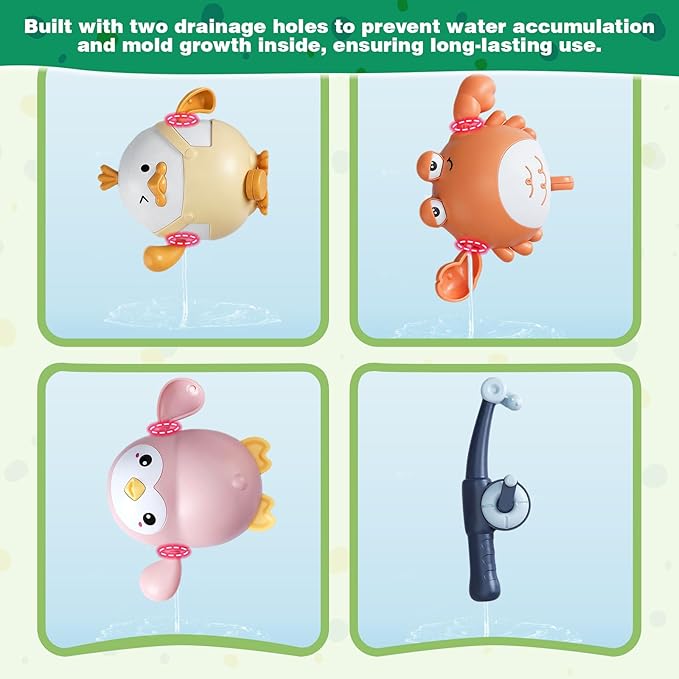 5PCS Baby Bath Toys Cute Pull String Bathtub Toy with Pull & Go Swimming Toys Magnetic Fishing Games Kids Wind-up Floating Water Bathtub Toy