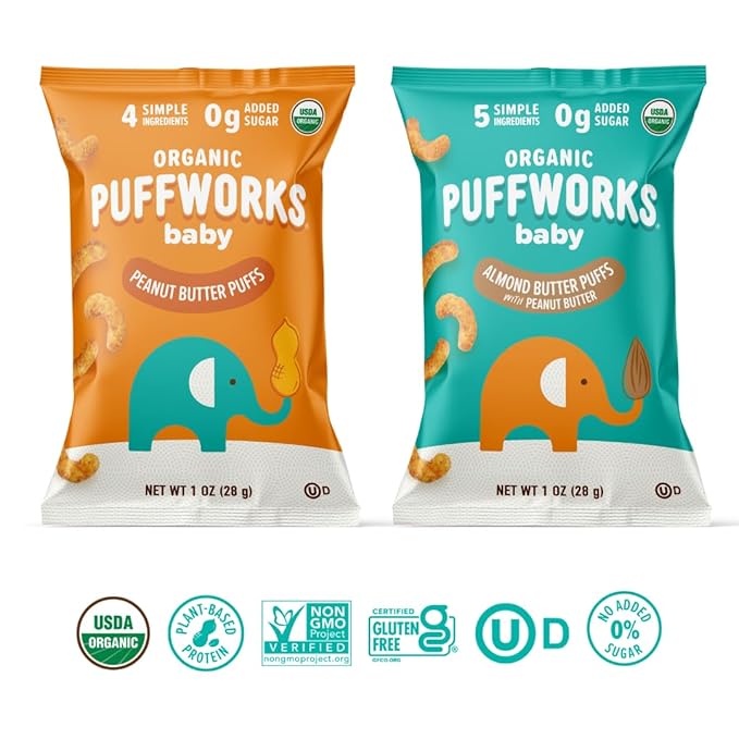 Puffworks Baby Peanut and Almond Variety Pack, Perfect for Early Peanut Introduction, Plant Protein, USDA Organic, Gluten-Free, Vegan, Non-GMO, Kosher, 1.0 Ounce (Pack of 6)