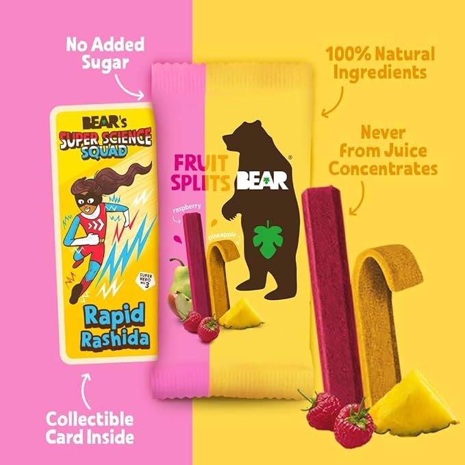 BEAR Real Fruit Snack Splits - Gluten Free, Vegan, and Non-GMO - Raspberry and Pineapple – Healthy School And Lunch Snacks For Kids And Adults, 0.7 Ounce (Pack of 18)