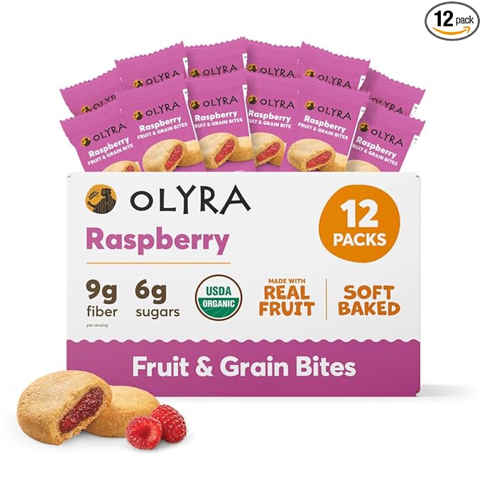 Olyra Raspberry Organic Fruit Snacks, Healthy Snacks for Adults and Kids, High Fiber Soft Cookies, Low Sugar, Vegan, Office Breakfast Bars, USDA Certified Organic, Non GMO (Pack of 12)