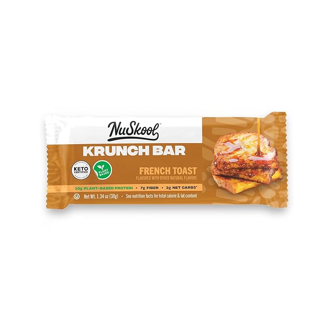 NuSkool Snacks French Toast Keto Friendly Protein Krunch Bars (12 Pack) - 7g Fiber, 10g Clean Plant-Based Protein, 3g Net Carbs - Gluten-Free, Non-GMO, Vegan, Low Carb Keto Healthy Breakfast Snack