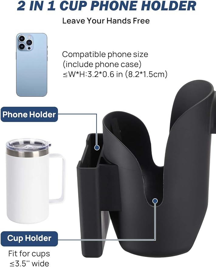 JOYTUTUS Cup Holder for Wheelchair, 2 in 1 Water Bottle Holder and Phone Bracket, Universal Drink Cup Holder for Walker, Rollator, Stroller, Scooter