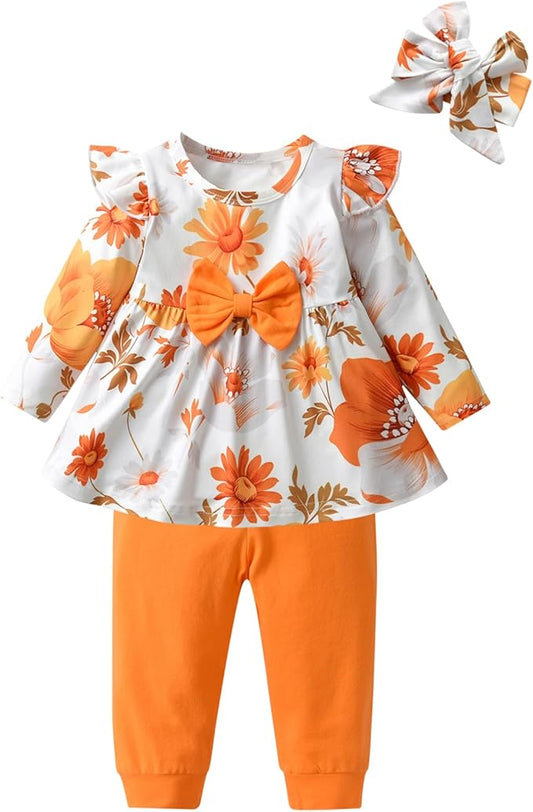 3PCS Baby Girl Clothes Ruffle Floral Shirt Tops Pants Headband Outfit Sets