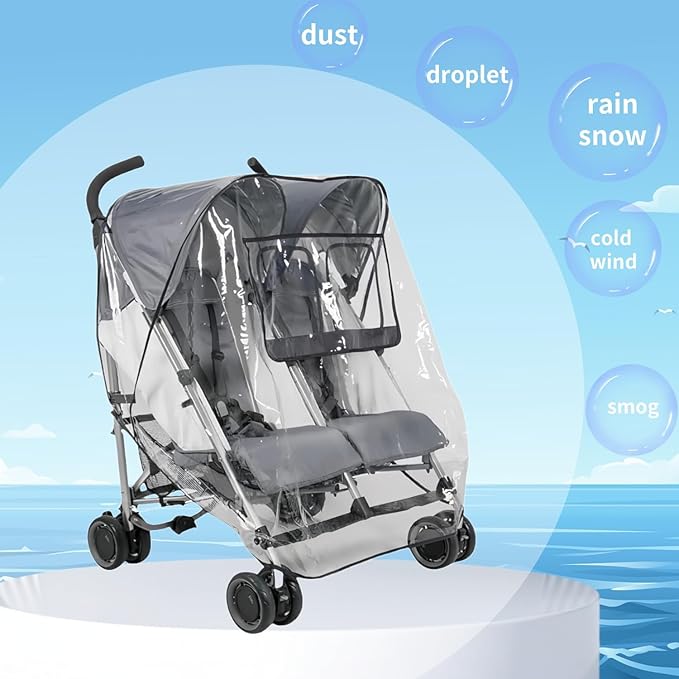 Clear Travel Weather Shield,Rain Cover for Double Stroller Universal,Breathable Waterproof Double Stroller Rain Cover Side by Side,Twins Stroller Cover for Rain/Wind/Snow/Cold/Dust