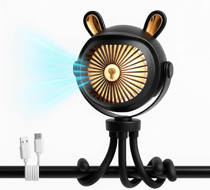 Stroller Fan for Baby with LED Light – Portable Clip-On Fan with Flexible Tripod Legs, USB Rechargeable, 3 Speeds, 120 Minutes Battery Life, Quiet Cooling for Travel, Nursery & Car Seat
