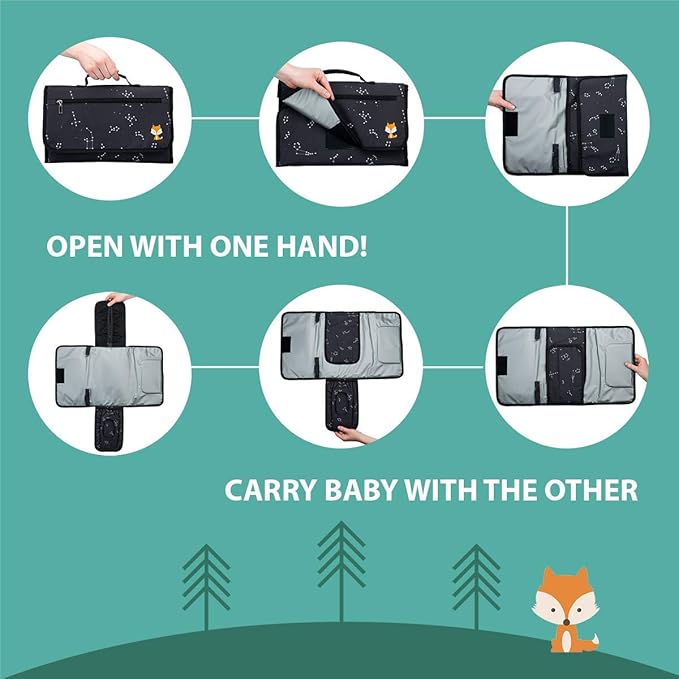 Lil Fox Portable Changing Pad - One-Hand Diaper Change Pad for Baby Diaper Bag or Changing Table. Unisex Baby Shower Gifts, Newborn Essentials