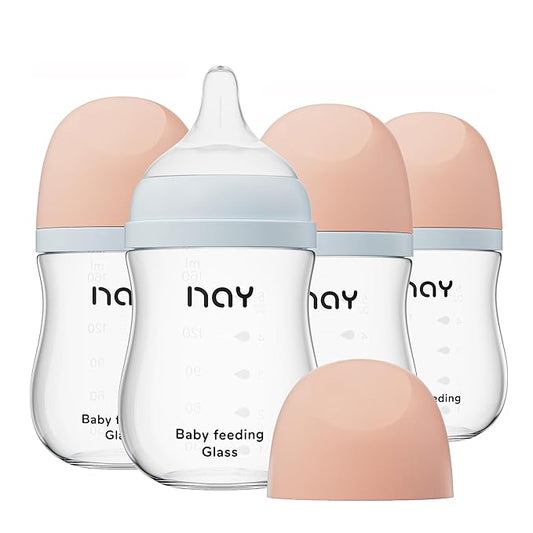 Natural Glass Baby Bottle Wide Neck, Anti-Colic Baby Bottle, Clear, 5.4oz(Pack of 4), Includes 4Pcs Natural Response Nipple(S), 1 Months+