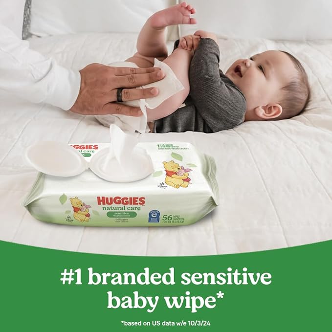 Huggies Natural Care Sensitive Baby Wipes, Unscented, Hypoallergenic, 99% Purified Water, 9 Flip-Top Packs (3 packs of 3), 504 Total Wipes (56 Wipes per pack), Packaging May Vary