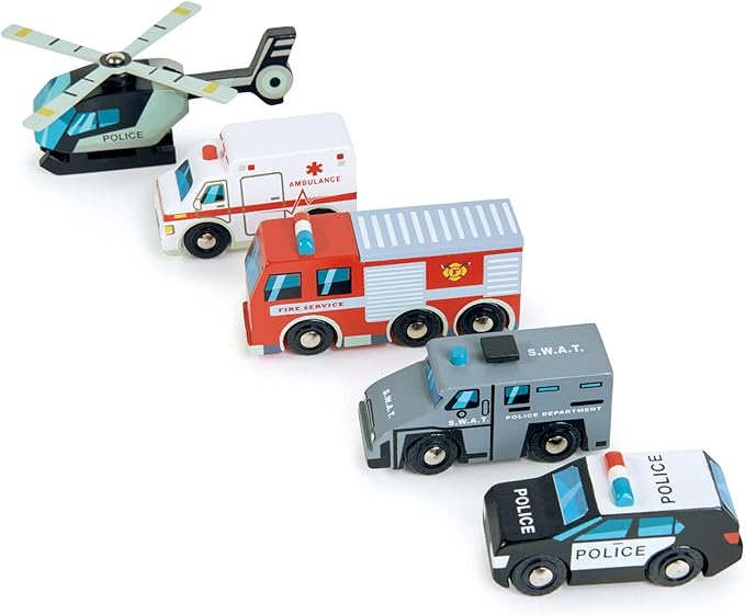 Tender Leaf Toys - Emergency Vehicles - 5 Wooden Rescue Vehicles with Moving Parts for Toddler Boys and Girls - Great Gift for Car Lovers - Educational Pretend Play Vehicles - Age 3+