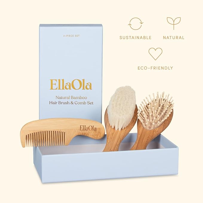 ELLAOLA Natural Bamboo Hair Brush & Comb Set, 3 Piece - Cradle Cap Brush, Massage Hair Brush, Bamboo Comb for Toddlers, Newborns & Infants I Baby Registry Gift
