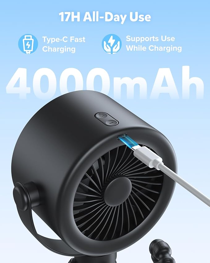 AMACOOL Baby Stroller Fan, Rechargeable Portable Clip on Fan, 17H Cooling with 5 Speeds, LED Display, 360°Rotate Personal Cooling Fans for Car Seat, Crib, Travel, Camping, Gifts for New Parents