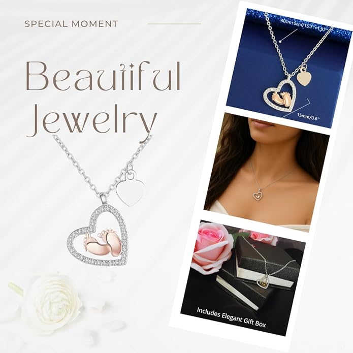 Pregnancy Necklace Gift for Mom to Be, First time Mom, Maternity Keepsake, Pregnant Wife, Baby Shower Keepsake for Expecting Mother, Baby Feet Heart Pendant with Message Card