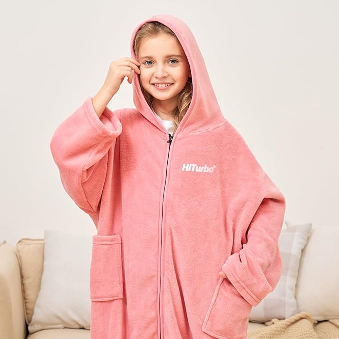 Hiturbo Kids Bath Towel Hoodie: Soft Plush Zipper Surf Poncho - Warm Fleece Changing Towels Swimming Outerwear (Pink)