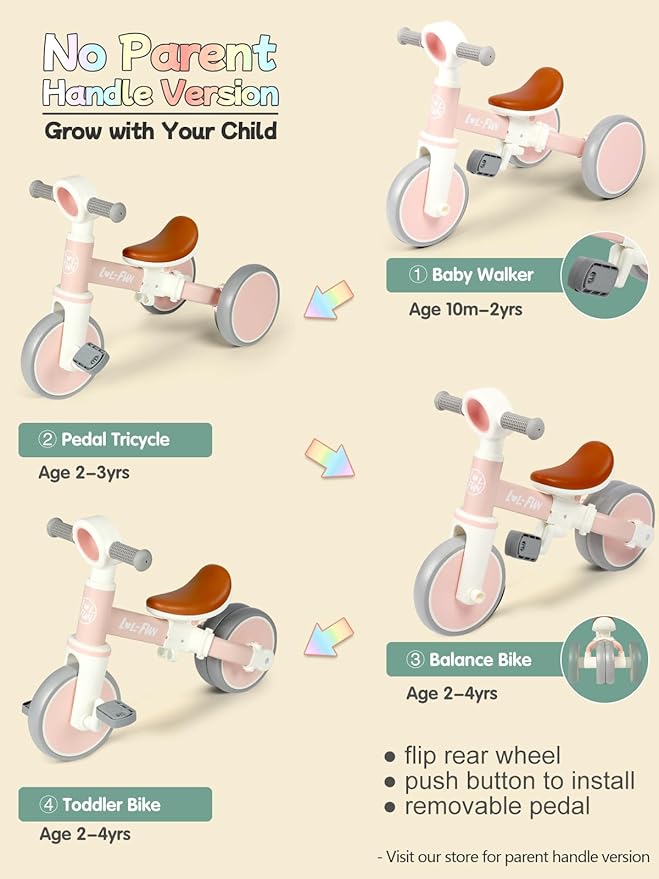 LOL-FUN Baby Balance Bike for 1 2 Year Old Boys Girls Gift, 4 in 1 Kids Tricycle for Toddlers 1-3 with Easy Assembly Removable Pedal