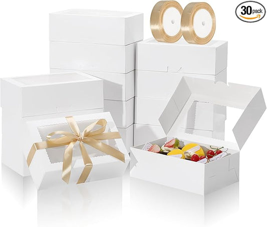 COTOPHER 30Pcs Cookie Boxes with Ribbons, 9x6x3 Inch Bakery Boxes with Window, White Treat Containers for Pastries, Chocolate Covered Strawberries, Dessert, Easter Candy, Muffins, Donuts