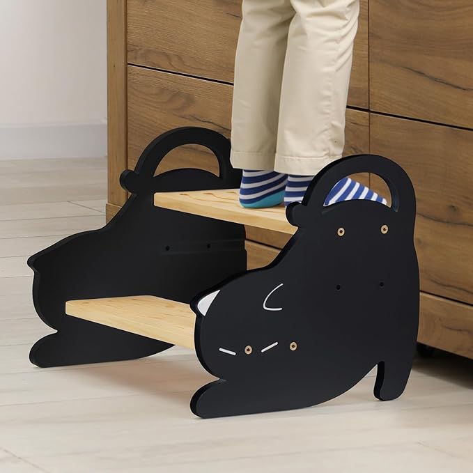 COSYLAND Two Step Stool for Kids - Non-Slip Toddler Potty Training Stool for Sink/Kicthen/Bathroom/Bedroom, Lovely Cat Style Toddler Step Stool with Handles Easy to Move (Natural & Black)