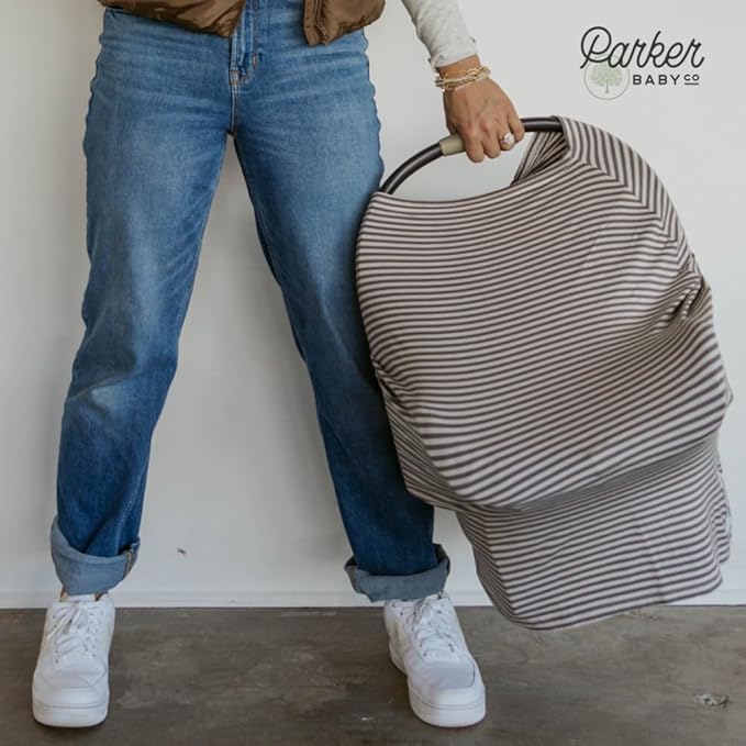 Parker Baby 4 in 1 Car Seat Cover for Girls and Boys - Stretchy Carseat Canopy, Nursing Cover, Grocery Cart Cover, High Chair Cover - “Sage/Pewter”