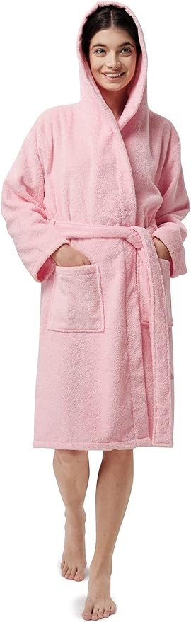 SIORO Womens Hooded Terry Cloth Robe, Cotton Absorbent Knee-Length Bathrobe, Housecoat with Pockets for Spa & Shower