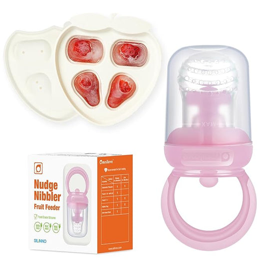 Baby Fruit Feeder & Popsicle Molds Tray Combo, New Born Must Haves and Babies Led Weaning Supplies for Safe Infant Self Feeding, 6+ Month (Pink)