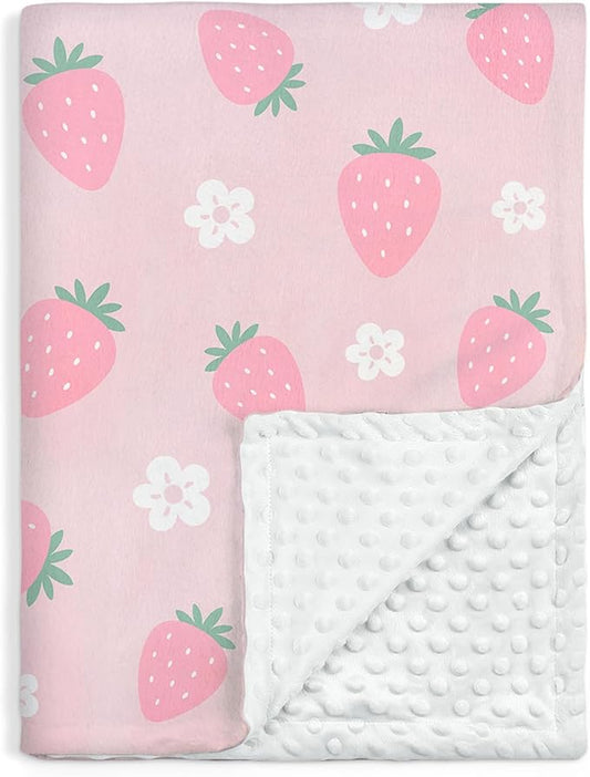Strawberry Minky Baby Blanket 30 x 40 Inches for Girls, Soft Plush Receiving Blanket with Dotted Back, Gift for Toddler Newborn Infant Christmas Birthday Baby Shower