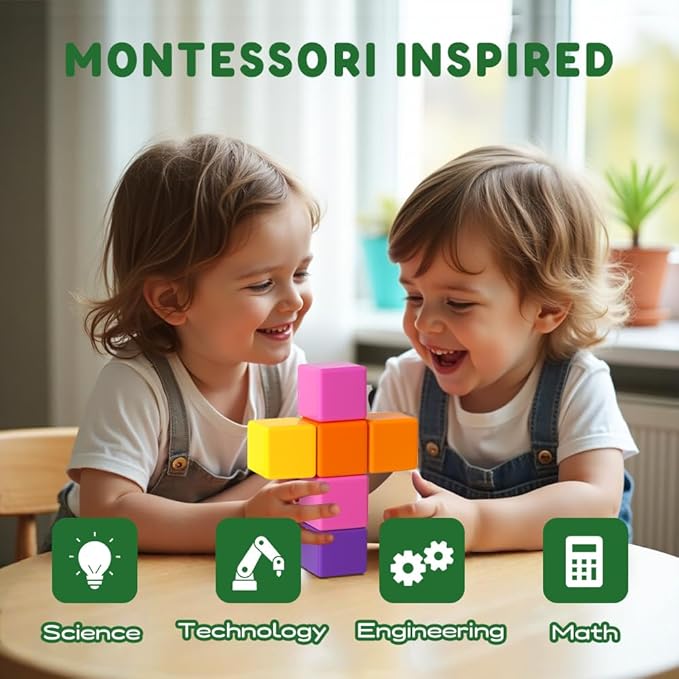 Magnetic Blocks, Large Magnetic Building Blocks for Toddlers, 1.65 Inch 3D Magnet Cubes in 8 Colors, Montessori & Sensory Stacking Toy Gift for Kids Ages 1-3 (16PCS)