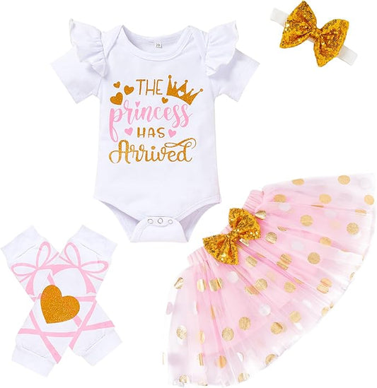 Newborn Baby Girl Outfits Infant Letter Print Romper+Tutu Skirt+Headband+Legging Warmer Coming Home Clothes Set