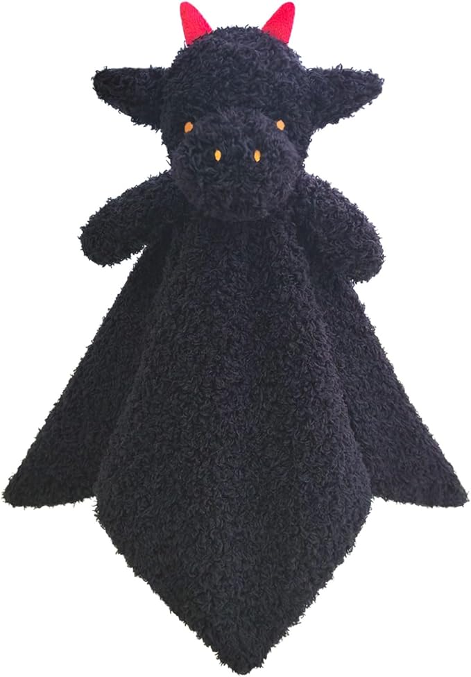 Baby Black Dragon Soft Stuffed Animal Security Blanket, Plush Dinosaur Character Lovey Blanket, Baby Shower/Nursery Gift, Newborn Infant Toddler Snuggle Blankie for Boys Girls, 14 Inches