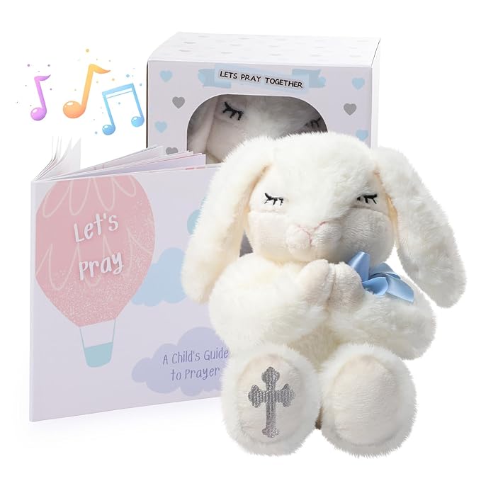 Baptism Gifts for Baby Boys Includes 7'' Plush Praying Musical Bunny and Let's Pray Book, Christening, Dedication and Baptism Gift Set for Boys in Keepsake Box