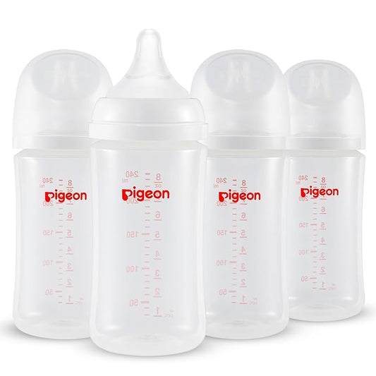 Pigeon PP Nursing Bottle Wide Neck, Anti-Colic, Streamlined Body, Natural Feel, Easy to Clean, 8.1 Oz(Pack of 4), Includes 4pcs M Nipples (3m+)