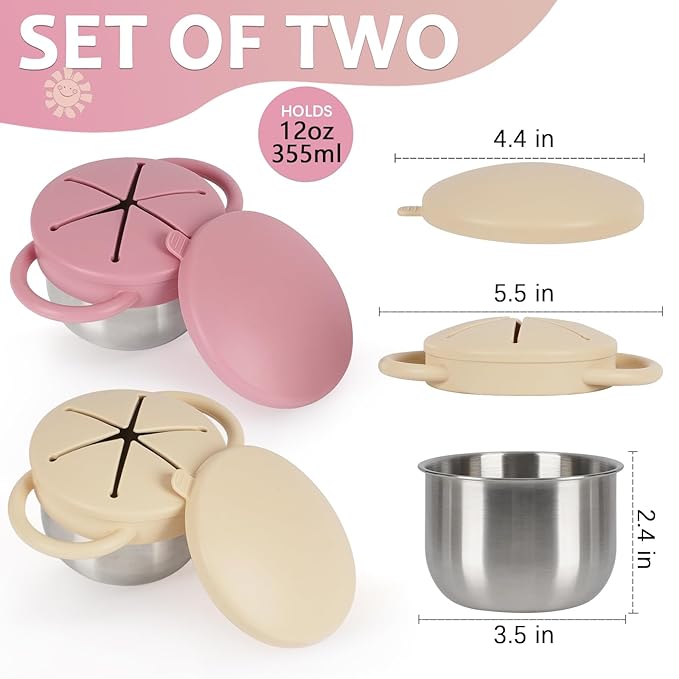 2 Pack 304 Stainless Steel Snack Cups for Toddlers, Toddler Snack Containers with Spill-Proof Silicone Travel Lid & Handle, Dishwasher Safe, Removable Snack Cup for Baby, Toddler, Kids