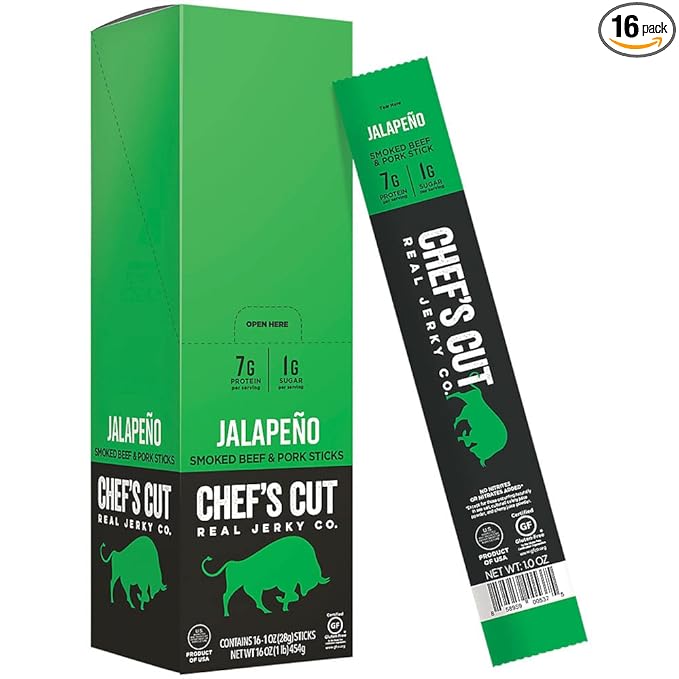 Chef's Cut Pork & Beef Snack Sticks, Jalapeno, High Protein Meat Snack, Individually Wrapped, 8g Protein and 120 Calories, Gluten Free - 1 Ounce (Pack of 16)