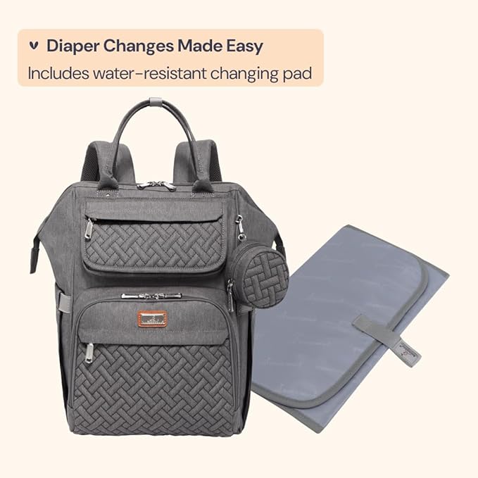 BabbleRoo Diaper Bag Backpack, Multifunction Large Bags with Changing Pad & Stroller Straps & Pacifier Case, Unisex Stylish Travel Back Pack Nappy Changing Bag for Moms Dads (Dark Gray)