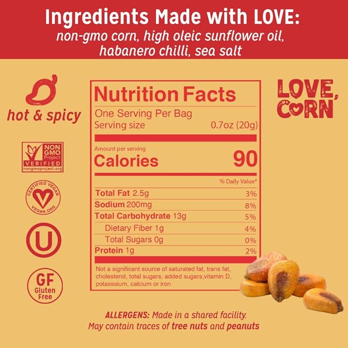 LOVE CORN | Habanero Chilli Delicious Crunchy Corn | 0.7oz, 20 bags | Low-Sugar, Gluten-Free, Plant Based, Non-GMO