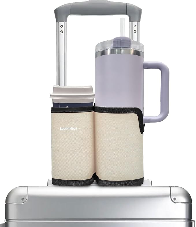 2 in 1 Luggage Cup Holder for Suitcase|Airplane Tray Table Carry on Hands Free Drink Carrier for Stanley Tumblers Coffee Beverage Organizer Gifts for Travelers(Off-White)
