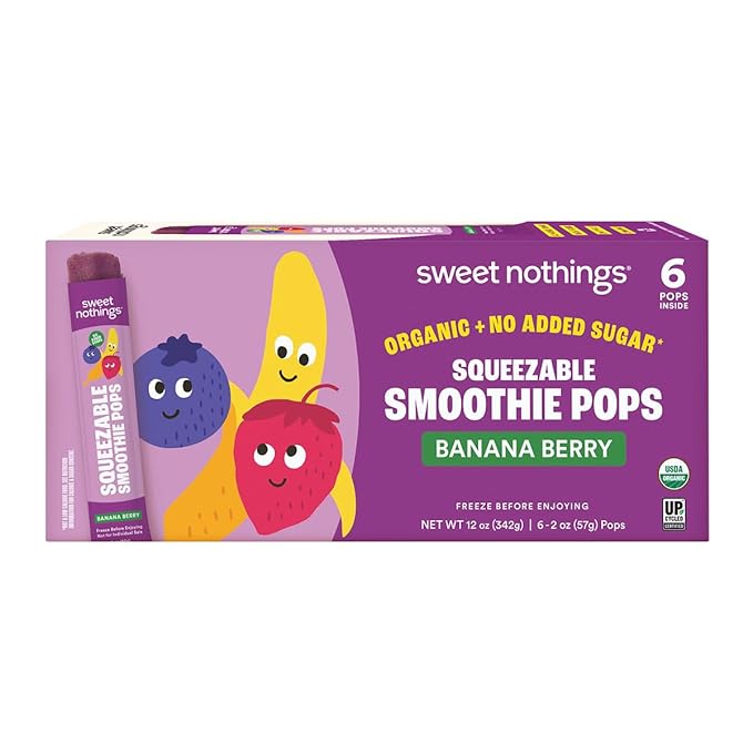 Sweet Nothings, Banana Berry, USDA Organic Kids' Squeezable Fruit Smoothie Popsicle Pops, Value Pack of 24 - Dye-Free, No Added Sugar, Dairy-Free, Vegan, Healthy Organic Fruit Pops, Freeze & Enjoy