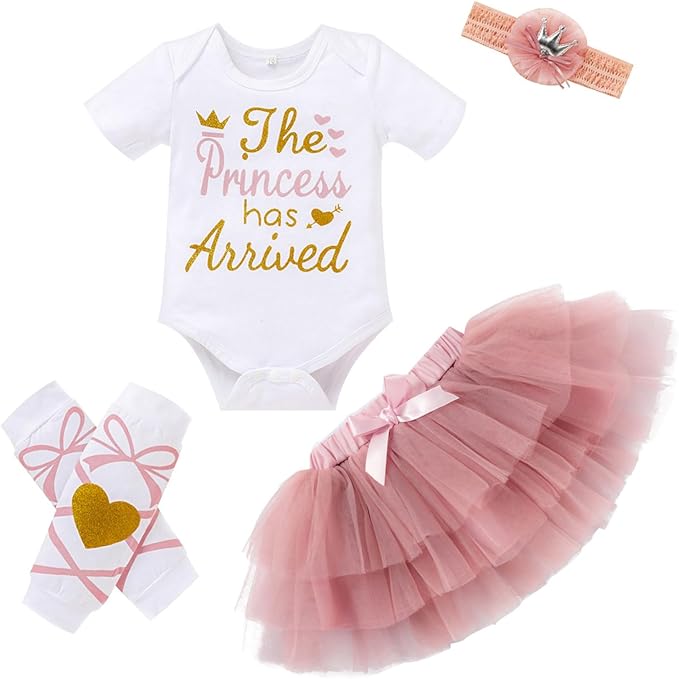 Newborn Baby Girl Outfits Infant Letter Print Romper+Tutu Skirt+Headband+Legging Warmer Coming Home Clothes Set