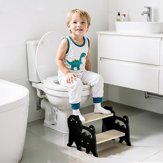 COSYLAND Kids Step Stool for Bathroom - Lovely Cat Potty Training Stool Toddler Step Stool for Toilet - Adjustable Height Kids Stepping Stool with Handle (Natural & Black)