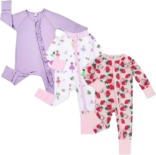 Bow Dream Bamboo Rayon Baby Boy Romper Footed Long Sleeve Footies Newborn Girl Clothes Footless with Zipper and Mitten Cuffs