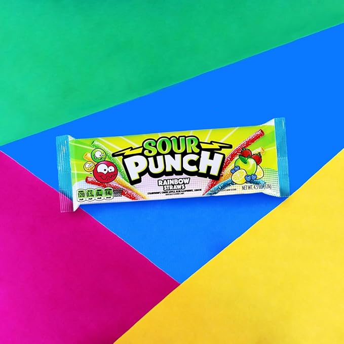 Sour Punch Straws, 4 Rainbow Fruit Flavors, Chewy Sweet & Sour Candy, 4.5oz Tray (24 Pack)