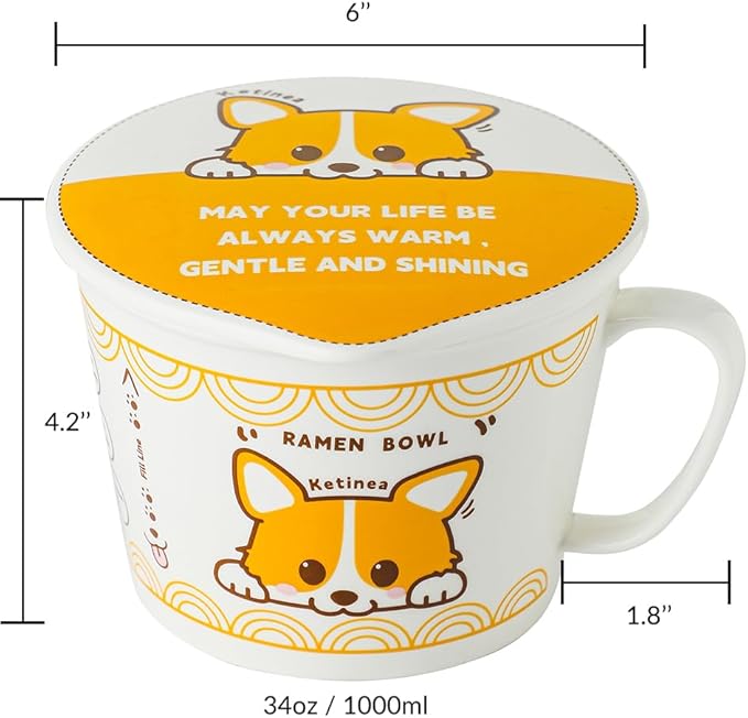 34oz Ceramic Ramen Bowl Set Charming, Lid, Handle, and Stainless Steel Chopsticks Elevate Your Noodle Experience Ideal Gift for Teens and Kids (corgi)