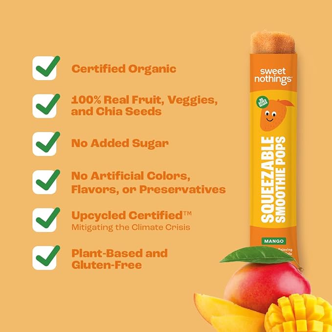 Sweet Nothings, Mango, USDA Organic Kids' Squeezable Fruit Smoothie Popsicle Pops, Value Pack of 24 - Dye-Free, No Added Sugar, Dairy-Free, Vegan, Organic Fruit and Veggie Pops, Freeze & Enjoy