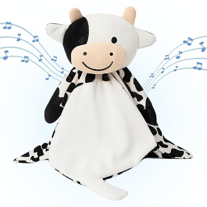 Love By Emi Baby Music Lovey Black & White Cow, Baby Sleep Soother for Crib & Cuddle Bedtime, White Noise with Heartbeat & Lullaby, Plush Sound Toy, Stuffed Animal for Newborns, Infants & Toddlers